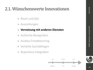 06.05.2014 
Steffen 
Hankiewicz, 
intranda 
GmbH 
2.1. 
Wünschenswerte 
Innovationen 
42 
‣ Raum 
und 
Zeit 
‣ Ausstellungen 
‣ Vernetzung 
mit 
anderen 
Diensten 
‣ Authority 
RecogniDon 
‣ Ausbau 
Crowdsourcing 
‣ Verteilte 
Suchabfragen 
‣ Repository-­‐IntegraDon 
heute 
2.0 3.0 
gestern 2.3 
morgen 
 