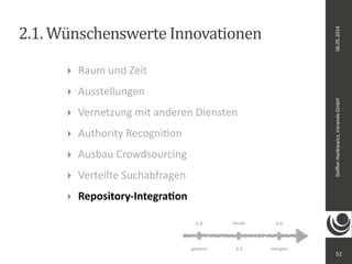 06.05.2014 
Steffen 
Hankiewicz, 
intranda 
GmbH 
2.1. 
Wünschenswerte 
Innovationen 
51 
‣ Raum 
und 
Zeit 
‣ Ausstellungen 
‣ Vernetzung 
mit 
anderen 
Diensten 
‣ Authority 
RecogniDon 
‣ Ausbau 
Crowdsourcing 
‣ Verteilte 
Suchabfragen 
‣ Repository-­‐Integra8on 
heute 
2.0 3.0 
gestern 2.3 
morgen 
 