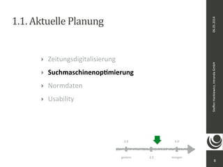 06.05.2014 
Steffen 
Hankiewicz, 
intranda 
GmbH 
1.1. 
Aktuelle 
Planung 
‣ Zeitungsdigitalisierung 
‣ Suchmaschinenop8mierung 
‣ Normdaten 
‣ Usability 
8 
2.0 3.0 
gestern 2.3 
morgen 
 