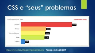 CSS e “seus” problemas
http://www.w3counter.com/globalstats.php - Acesso em: 07/05/2014
 