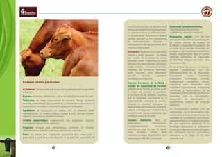 28 29
Examen clínico particular:
a) Externo: Corresponde a la inspección y palpación de los genitales
externos.
Escroto: asimetría, adherencias, calor, sensibilidad, lesiones de piel.
Testículos: se debe inspeccionar la simetría, forma, posición,
tamaño, consistencia, desplazamiento y temperatura de ambos. La
consistencia se evalúa a través de la palpación bimanual.
Epidídimo: la inspección se realiza con el testículo fijado
manualmente. Se evalúa: cabeza, cuerpo y cola (forma, simetría,
tamaño, consistencia: similar a cabeza).
Cordón espermático: inspeccionar por palpación: simetría,
consistencia (tenso-firme-elástica).
Prepucio: evaluar piel, temperatura, aumento de tamaño,
deformaciones, lesiones cutáneas, secreciones, mucosa.
Pene: se realiza una evaluación anatómica (por inspección y
palpación) y una funcional (durante la prueba de capacidad de
servicio o extracción de semen). En la
evaluación anatómica se deberá tener
en cuenta tamaño y deformaciones.
En la evaluación funcional se deberá
prestar atención a los mecanismos
de exteriorización, erección y
reintroducción del pene, estado de la
mucosa y patologías.
b) Interno: Palpación de las glándulas
anexas y anillo inguinal. Se realiza
por medio de la palpación rectal,
teniendo como referencia la uretra
pelviana. Se palpa próstata, glándulas
bulbouretrales, vesìculas seminales,
ampollas del conducto deferente,
anillo inguinal, para determinar
tamaño, simetría, superficie,
movilidad, consistencia.
Examen funcional, de la libido y
prueba de capacidad de servicio:
la libido en el macho se define como
el deseo de montar y completar
el servicio de la hembra; mientras
que la habilidad copulatoria es la
capacidad de completar el servicio.
Durante el examen funcional se
debe prestar atención a la cadena de
reflejos sexuales, para determinar la
existencia de alguna patología que
impida el correcto servicio.
Examen Sanitario: libre de
tuberculosis, tricomoniasis,
campylobacteriosis, brucelosis;
además, en caso de usar el macho
para congelar semen debe
realizarse pruebas diagnósticas para
leptospirósis, IBR, BVD y leucósis.
Exámenes Complementarios:
Ultrasonografía de testículo,
epidídimo y vesículas seminales.
Evaluación semen: uno de los
principales objetivos en la producción
de semen bovino es evaluar la
fertilidad o capacidad fecundante de
un toro. En el caso de desarrollo de
programas de inseminación artificial
resulta indispensable que el semen
utilizado mantenga su capacidad
de fertilidad después de haber sido
criopreservado.
En el análisis de semen se valoran
algunas condiciones en los
espermatozoides de un eyaculado
fecundante como: motilidad
progresiva, morfología normal,
metabolismo energético activo,
capacidad para desarrollar una
motilidad hiperactivada, integridad
estructural y funcionalidad de la
membrana, integridad de las enzimas
asociadas con la fecundación,
capacidad de penetración y
transferencia óptima del material
genético.
La inseminación artificial (IA) ha
demostrado ser la herramienta más
exitosa para la mejora genética de los
animales de importancia zootécnica,
especialmente en la industria bovina.
De una valoración detallada de la
fertilidad dependerá la utilización
futura del material seminal y el grado
de utilización de los eyaculados
obtenidos a lo largo de la vida
reproductiva.
 