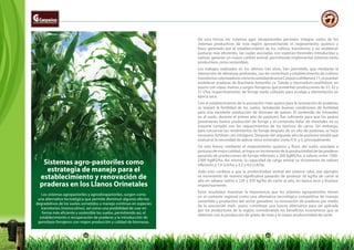32 33
Sistemas agro-pastoriles como
estrategia de manejo para el
establecimiento y renovación de
praderas en los Llanos Orinetales
Los sistemas agropastoriles y agrosilvopastoriles, surgen como
una alternativa tecnológica que permite disminuir algunos efectos
degradativos de los suelos sometidos a manejo continuo en especies
transitorios (monocultivo), así como una posibilidad de usar en
forma más eficiente y sostenible los suelos, permitiendo así, el
establecimiento o recuperación de praderas y la introducción de
genotipos forrajeros con mayor producción y calidad de biomasas.
De esta forma, los sistemas agro silvopastoriles permiten integrar varios de los
sistemas productivos de esta región aprovechando el mejoramiento químico y
físico generado por el establecimiento de los cultivos transitorios y así establecer
pasturas más eficientes, las cuales asociadas con especies forestales introducidas y
nativas, generan un mayor confort animal, permitiendo implementar sistemas tanto
productivos como sostenibles.
Los trabajos realizados en los últimos tres años, han permitido, que mediante la
interacción de labranzas profundas, uso de correctivos y establecimiento de cultivos
transitorioscolonizadorescomolavariedaddearrozCorpoicaaltillanura11,sepuedan
establecer praderas de Brachiaria brizantha cv. Toledo y Desmodium ovalifolium, en
asocio con soyas, maíces y sorgos forrajeros que presentan producciones de 37, 42 y
51 t/ha, respectivamente, de forraje verde utilizado para ensilaje y alimentación en
época seca.
Con el establecimiento de la asociación maíz-pastos para la renovación de praderas,
se mejoró la fertilidad de los suelos, brindando buenas condiciones de fertilidad
para una excelente producción de biomasa de pastos. El contenido de minerales
en el suelo, durante el primer año de pastoreo, fue suficiente para que los pastos
presentaran buena producción de forraje y el contenido foliar de minerales en su
mayoría cumplió con los requerimientos de los bovinos de carne. Sin embargo,
para conservar los rendimientos de forraje después de un año de pastoreo, se hace
necesario fertilizar con nitrógeno. Después del segundo año de pastoreo tendrá que
evaluarse la necesidad de aplicar otros minerales como P, K y S, principalmente.
De esta forma, mediante el mejoramiento químico y físico del suelo, asociado a
pasturas de mejor calidad, se logra un incremento de la productividad de las praderas
pasando de producciones de forraje inferiores a 200 kgMS/ha. a valores entre 1500-
2300 KgMS/ha. Así mismo, la capacidad de carga animal se incrementa de valores
inferiores a 1.0 U.A/ha a 3.5 y 4.0 U.A/ha.
Todo esto conlleva a que la productividad animal del sistema ceba, por ejemplo,
se incremente de manera significativa pasando de producir 30 kg/ha de carne al
año en sabana nativa a 239 y 470 kg/ha de carne al año, en época seca y lluviosa,
respectivamente.
Estos resultados muestran la importancia que los sistemas agropastoriles tienen
en el contexto regional como una alternativa tecnológica competitiva de manejo
sostenible y productivo del sector ganadero. La renovación de praderas por medio
de la asociación maíz- pasto, constituye una buena alternativa para ser aplicada
por los productores de la región, considerando los beneficios económicos que se
obtienen con la producción de grano de maíz y la mayor productividad de carne.
32
 