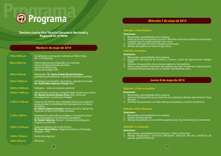 2 3
ProgramaPrograma
Decimo cuarta Gira Técnica Ganadera Nacional y
Regional en el Meta
Martes 6 de mayo de 2014
7:00 a 9:00 a.m.	 Acreditación y entrega de materiales en Palo a Pique
			 Km. 7 vía Restrepo.
		
9:00 a 9:20 a.m.	 Himno Nacional de la República de Colombia
			 Himno del Departamento del Meta
			 Himno de Villavicencio
			 Himno de Fedegán FNG
9:20 a 9:30 a.m. 	 Bienvenida / Dr. Jaime Andrés Bernal Quintero,
			 presidente junta directiva -Comité de Ganaderos del Meta
9:30 a 10:00 a.m. 	 Estrategias nutricionales y de manejo – ganado de levante,
			Dr. Yesid Tobías Bejarano Clavijo MVZ.
10:00 a 10:30 a.m. 	 Refrigerio – visita a la muestra comercial
10:30 a 11:00 a.m. 	 Alimentación, nutrición y competitividad. Análisis económico.
			Dr. Manuel Antonio Gómez Vivas, MVZ, oficina de 		
		 Investigaciones 	económicas Fedegán.
11:00 a 11:30 a.m. 	 Consumo de materia seca: estrategia básica para mejorar la 	
		 productividad y rentabilidad de la ganadería en los Llanos 	
		Orientales.
			Dr. Alberto Navas Camacho, Zootecnista M.Sc. Master the 	
		 University of New South Wales Australia.
11:30 a 12:00 m. 	 Investigación, desarrollo tecnológico e innovación para el 		
		 sistema ganadero en la Orinoquía colombiana.
			Dr. Rubén Valencia, Director – Centro de Investigación 		
		 Corpoica La Libertad
12:00 a 12:30 p.m. 	 Aspectos logísticos de la Gira Técnica.
			Dr. Cesar García Mora, Subgerente Ciencia y Tecnología,
			 Fedegán – FNG
12:30 a 1:00 p.m. 	 Sesión de preguntas
1:00 a 2:00 p.m.	 Almuerzo
Miércoles 7 de mayo de 2014
Visita No. 1: Finca Santana
Estaciones:
1.	 Bienvenida y generalidades de la empresa
2.	 FeedLotconmuestragenética(crucesF1BrahmánxAsturianayBrahmánxBonsmara)
y equipos para la suplementación (silo, heno).
3.	 Trapiche, prensado de heno y bloques nutricionales
4.	 Manejo de praderas con base en agricultura.
Visita No. 2: Corpoica
Estaciones:
1.	 Bienvenida y generalidades de la empresa
2.	 Evaluación reproductiva de hembras y machos, Centro de Reproducción Integral
“CRIA”
3.	 Sistemas Silvopastoriles, banco de germoplasma Sanmartinero
4.	 Sistema Agropastoril: renovación de praderas con maíz. Prueba de comportamiento
en potrero de ganancia de peso en toretes Cebú Brahmán puro.
Jueves 8 de mayo de 2014
Visita No. 3: Finca La Carolina
Estaciones:
1.	 Bienvenida y generalidades de la empresa
2.	 Sistemas Silvopastoriles (cacai, botón de oro y tanzania). Manejo administrativo. Raza
Brangus.
3.	 Sistemas Silvopastoriles con Yopo. Manejo de praderas y rotación de potreros
Visita No. 4: Finca Bonanza
Estaciones:
1.	 Bienvenida y generalidades de la empresa
2.	 Ordeño doble propósito
3.	 Manejo de praderas y cruces doble propósito, base Gyr, Rubio Alemán y Simmental.
Visita No. 5: La Alcancía
Estaciones:
1.	 Bienvenida y generalidades de la empresa – Vídeo institucional
2.	 Manejo empresarial y comercial. Indicadores. Selección del toro, exhibición de
ganado, genética Brahmán
2 3
 