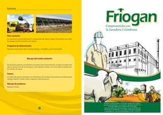 44 45
Santana
Plan sanitario:
Se suministra semestralmente la vacunación de aftosa, triple y brucelosis, así como
las purgas convencionales y los baños.
Programa de alimentación:
Pastoreo rotacional, heno, ensilaje, bloque energético, sal mineralizada
Manejo del medio ambiente
Nosehacenquemas,lassiembrasserealizandemaneradirecta,sesigueunprotocolo
para la protección de los bosques y las especies nativas, así como para la protección
de fuentes de agua.
Pastos:
Los tipos de pastos existentes son: Mombasa, Decumbens, Dyctioneura, Estilosanteas
Campo Grande, Toledo, Piatá y además caña de azúcar.
Manejo de praderas:
Rotación Voisin
44
 