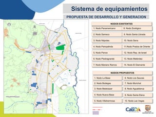 Sistema de equipamientos
PROPUESTA DE DESARROLLO Y GENERACION
1. Nodo Panamericano
NODOS EXISTENTES
NODOS PROPUESTOS
2. Nodo Sameco
3. Nodo Nápoles
4. Nodo Pampalinda
5. Nodo Pance
6. Nodo Piedragrande
7. Nodo Mariano Ramos
8. Nodo Zoológico
9. Nodo Santa Librada
11.Nodo Prados de Oriente
12. Nodo Rep. de Israel
13. Nodo Meléndez
14. Nodo El Diamante
10. Nodo Sena
1. Nodo La Base
2. Nodo Bodegas
3. Nodo Belalcázar
4. Nodo Nueva Base
5. Nodo Villahermosa
6. Nodo Los Sauces
7. Nodo Morichal
8. Nodo Aguablanca
9. Nodo Santa Elena
10. Nodo Las Vegas
 