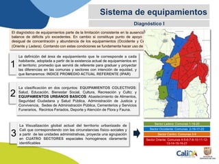 Diagnóstico I
Sistema de equipamientos
El diagnóstico de equipamientos parte de la limitación consistente en la ausencia de estándares completos para para el
balance de déficits y/o excedentes. En cambio si constituye punto de apoyo indudable el hecho de la polarización
desigual de concentración y abundancia de los equipamientos (Occidente y Centro), contra precariedad y dispersión
(Oriente y Ladera). Contando con estas condiciones se fundamenta hacer uso de tres básicas a saber:
La clasificación en dos conjuntos: EQUIPAMIENTOS COLECTIVOS:
Salud, Educación, Bienestar Social, Cultura, Recreación y Culto; y
EQUIPAMIENTOS URBANOS BASICOS: Abastecimiento de Alimentos,
Seguridad Ciudadana y Salud Pública, Administración de Justicia y
Convivencia, Sedes de Administración Pública, Cementerios y Servicios
Funerarios, Recintos Feriados, Deporte y Atención de Flora y Fauna.
2
1
La definición del área de equipamiento que le corresponde a cada
habitante, adoptada a partir de la existencia actual de equipamientos en
el territorio; promedio que servirá de referente para graduar y proyectar
las diferencias en las comunas y sectores con intención de equidad, y
que llamaremos: INDICE PROMEDIO ACTUAL REFERENTE (IPAR)
La Visualización global actual del territorio urbanizado de
Cali que correspondiendo con las circunstancias físico–sociales y
a partir de las unidades administrativas, proyecta una agrupación
en CUATRO SECTORES espaciales homogéneos claramente
identificables
3
Sector Occidente: Comunas 2-19-17-22
Sector Centro: Comunas 3-9
Sector Oriente: Comunas 4-5-6-7-8-10-11-12-
13-14-15-16-21
Sector Ladera: Comunas 1-18-20
 