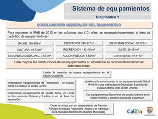 Diagnóstico V
Sistema de equipamientos
Limitar la creación de nuevos equipamientos en el
sector Occidente
Incrementar equipamientos de Recreación de escala
Zonal o Local en el sector Centro
Incrementar equipamientos de escala Zonal y/o Local
en los sectores Oriente y Ladera y en el área de
expansión.
Para mantener el IPAR de 2012 en los próximos diez (10) años, es necesario incrementar el área de
cada tipo de equipamiento así:
Para mejorar las distribuciones de los equipamientos en el territorio se recomienda localizar las
anteriores áreas:
SALUD: 118.489m2
CULTURA: 19.732m2
SEGURIDAD CIUDADANA: 7.674m2
EDUCACION: 248.317m2
RECREACION: 142.410m2
ADMON PUBLICA: 4.551m2
BIENESTAR SOCIAL: 38.523m2
CULTO: 26.454m2
DEPORTIVOS: 37.611m2
Adelantar la construcción de un equipamiento de Salud
Nivel III y una institución de Educación Superior de
escala Urbana en el sector Oriente.
Dotar la ciudad con un equipamiento de Recinto
Feriado de escala Regional o Urbana y el Albergue
para Animales Domésticos (COSO Municipal).
Dos equipamientos Deportivos de escala Urbana en el
sector Oriente y próximo al área de expansión.
 
