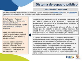 Propuesta de Definición I
Sistema de espacio público
En el Acuerdo 069 el carácter estructurante del Espacio Público queda mas no .
y tampoco se concreta en los proyectos para constituirse en realizaciones efectivas.
Espacio Público define el conjunto de espacios y elementos de
uso público destinados a la recreación y desarrollo de
actividades de tiempo libre y al desplazamiento, encuentro o
permanencia de la ciudadanía.
Se complementa con elementos privados afectos al uso
público que dan soporte al espacio público mejorando la
calidad de vida urbana, tales como los antejardines, zonas
libres privadas de uso público, las fachadas y las culatas.
El Sistema de Espacio Público se compone de elementos
estructurantes de escala Urbana y Regional, principalmente
elementos de la Estructura Ecológica Principal como los
Corredores Ambientales y Ecoparques, y los elementos de la
Estructura Ecológica Complementaria como canales y
separadores viales adecuados como parques lineales; y por
elementos de escala zonal y local, como parques, plazas y
plazoletas que generan elementos de encuentro ciudadano de
menor escala.
En la Revisión y Ajuste, el
espacio Público se define como
sistema estructurante
fundamental de la ciudad, a partir
de la Estructura Ecológica
Municipal.
•Hace una definición general
desde el punto de vista espacial
y funcional en lo constitutivo y
complementario.
•Enuncia a continuación los
elementos que componen el
sistema : Elementos de la
Estructura Ecológica municipal
(EEP y EEC) y elementos de
escala zonal y local.
 