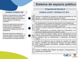 Propuesta de Normas II
Sistema de espacio público
Se complementan y precisan los mecanismos y las competencias:
•Prohibición de cerramiento de los antejardines comerciales y se permite su
cubrimiento con determinados materiales y mecanismos.
•Permite la ocupación temporal de antejardines “solo con sillas y mesas
móviles” .
•Como contraprestación el propietario deberá dar mantenimiento a los
elementos de espacio publico de su antejardín y anden.
Crea el Fondo de Espacio Público para la administración de los
recursos provenientes de aprovechamientos y cesiones, recursos que
se destinarán para el mantenimiento y adecuación del Espacio
Publico.
Se fijan las condiciones para la entrega de cesiones de espacio
público y establece las adecuaciones mínimas que éstas deberán
tener: Diseño paisajístico, Iluminación, mobiliario, senderos y zonas
de permanencia.
Propone el PMEPE (Plan Maestro de Espacio y Equipamientos) y
segunda parte del MECEP.
Adiciona la necesidad de conectar los espacios peatonales con "los
parques... y espacios de interés para la comunidad"
Remite las normas especificas al MECEP y al Sistema de Movilidad.
Enfatiza correctamente la continuidad
de los recorridos (de los Espacios
Peatonales) privilegiando al peatonal
sobre cualquier otro medio de
movilidad.
Norma muy general que trajo como
consecuencia la proliferación de
construcciones, cerramientos y
cubrimientos irreglamentarios en los
antejardines
El Fondo Cuenta que remplazó al
Fondo de Tierras no ha encontrado la
institucionalidad ni el éxito esperado
en la generación de Espacio público.
AntejardinesCesiones
Fondo
deEP
Espacios
peatonales
Estudios
 