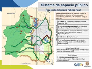 Sistema de espacio público
Propuesta de Espacio Público Rural
1. El PNN Los Farallones y el Parque Nacional
Natural de Cali.
2. Los Corredores Ambientales de los ríos Cauca,
Cali, Cañaveralejo, Meléndez, Lili y Pance.
3. Los Ecoparques Tres Cruces-Bataclan, Cerro de
la Bandera, Cerro de Cristo Rey, Navarro,
Aguacatal y Pance.
4. El Cinturón Ecológico Navarro
5. La conformación Bordes de transición
urbano-rural ligados al desarrollo de EPE en
los Ecoparques
6. Los Centros Poblados y generación de EPE en los
nodos de equipamiento Rural
7. El Sistema de Movilidad y su
complementación para el paseo peatonal y el
ciclismo recreativo.
Desarrollo y adecuación de Espacio Público de
Recreación en el marco de la conservación
ecosistémica, ambiental y de control del riesgo, a
partir de:
SISTEMAAMBIENTAL
EQUIPAMIENTOS
MOVILIDAD
 