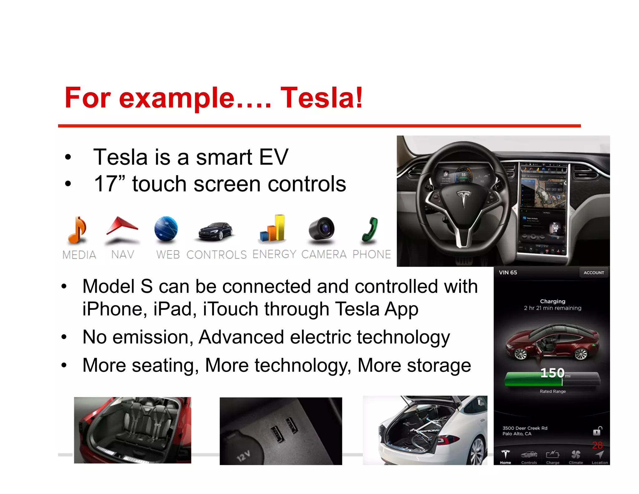 For example…. Tesla!
•  Tesla is a smart EV
•  17” touch screen controls
•  Model S can be connected and controlled with
iPhone, iPad, iTouch through Tesla App
•  No emission, Advanced electric technology
•  More seating, More technology, More storage
28
 