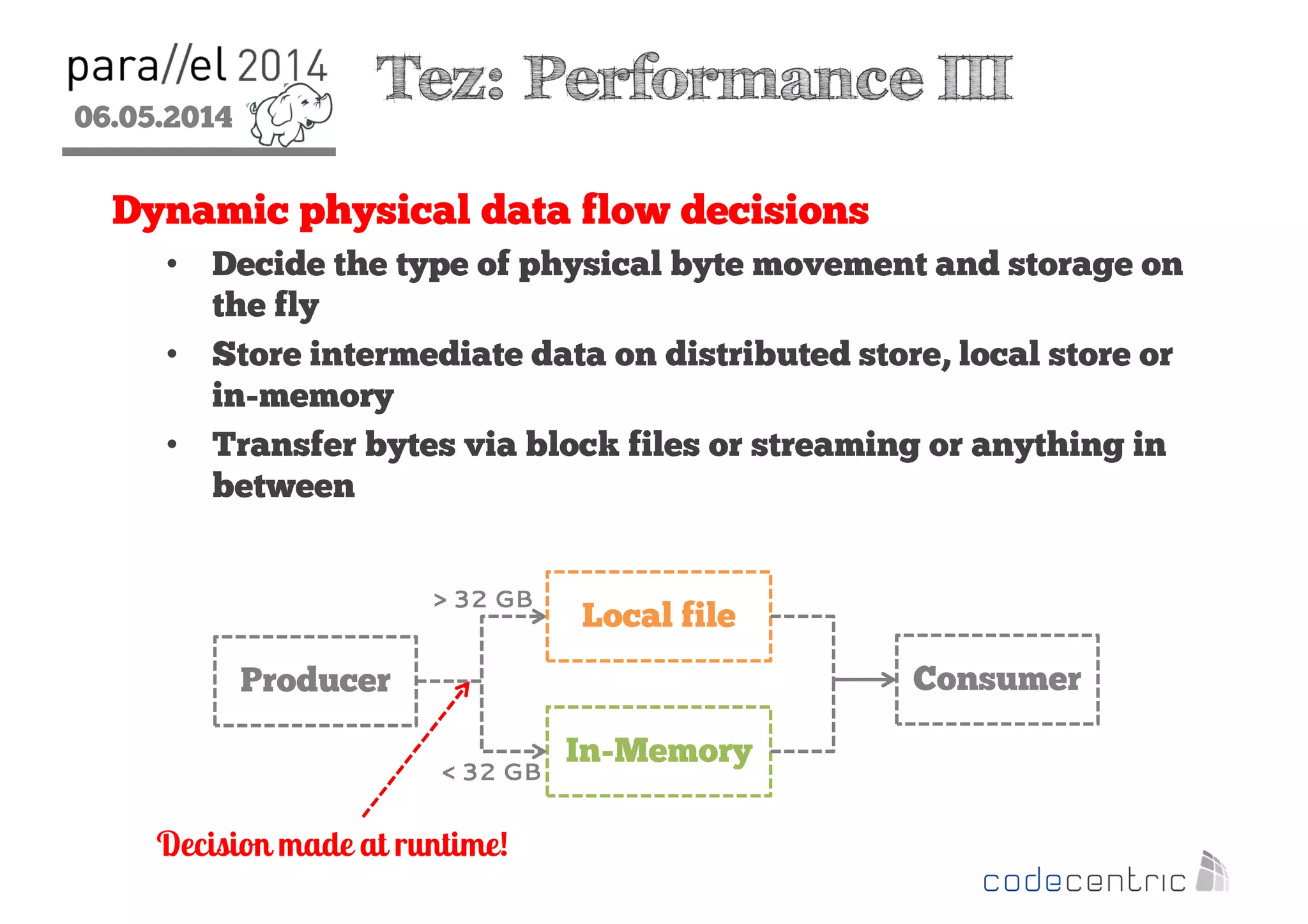 06.05.2014
2
Tez: Performance III
Dynamic physical data flow decisions
• Decide the type of physical byte movement and storage on
the fly
• Store intermediate data on distributed store, local store or
in-memory
• Transfer bytes via block files or streaming or anything in
between
Producer Consumer
Local file
In-Memory
Decision made at runtime!
< 32 GB
> 32 GB
 
