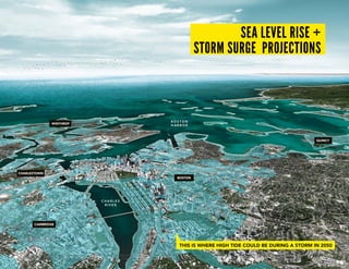 this is Where high tide could be during a storm in 2050
char l es
r i v er
cambridge
boston
b o st o n
har b o r
charlestown
winthrop
quincy
SEA LEVEL RISE +
STORM SURGE PROJECTIONS
Map Sources: Sea level rise projections for the region are based on contours from Massachusetts Office of Geographic Information and 3Di Technologies / Spectrum Mapping LLC LiDAR dataset (2002); Sea Level Rise projections for Boston are based on
contours from City of Boston, Boston Redevelopment Authority, and Sanborn Map Company LiDAR dataset (2009). Base image from Google Earth 2014
 