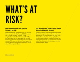 WHAT’S AT
RISK?
Our neighborhoods and cultural
icons are at risk.
Rising water levels and storm surge will hit close
to home, quite literally. Nearly 200,000 residents
live in homes at risk of flooding. Entire
neighborhoods like East Boston and Back Bay
are vulnerable—as are landmarks like Fenway
Park. Losing homes, neighborhoods, and cultural
assets will threaten our sense of security and our
unique identity—and impact tax revenue for the
cities of Metropolitan Boston.
Sea level rise will have a ripple effect
within and beyond Boston.
Sea level rise and storm-related flooding in the
Boston Metropolitan area will have an impact
well beyond the boundaries of the flood zone.
A major flood will place many key facilities,
infrastructure networks, and economies at risk.
The resulting impacts will ripple across multiple
scales from the city to the state, and even the
entire northeast region.
 
