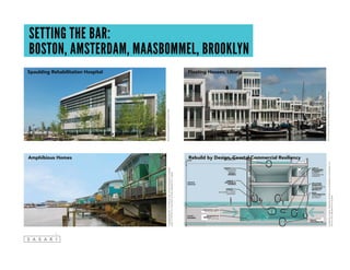 SETTING THE BAR:
Boston, Amsterdam, maasbommel, Brooklyn
Spaulding Rehabilitation Hospital Floating Houses, IJburg
Amphibious Homes Rebuild by Design, Coastal Commercial Resiliency
CreatedbyCooper,Robertson&PartnersandDewberryConsultants,LLC.
calloutcoloradjustedfromoriginal
“maasbommel037”onFlickrbyloesvaneck-verhoevenislicensed
underCCBY-SA2.0/saturationandskyadjustedfromoriginal
©LuukKramer|MarliesRohmerArchitectsandPlanners
©AntonGrassl/ESTO|Perkins+Will
 