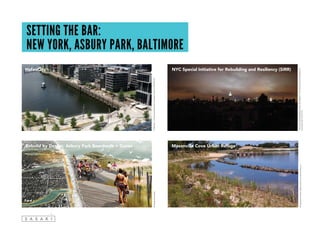 SETTING THE BAR:
NEW YORK, ASBURY PARK, BALTIMORE
Rebuild by Design, Asbury Park Boardwalk + Dunes
HafenCity NYC Special Initiative for Rebuilding and Resiliency (SIRR)
Masonville Cove Urban Refuge
©StephaniePeters|MarylandEnvironmentalService
©SasakiAssociates
“HurricaneSandyBlackoutNewYorkSkyline”onFlickrbyDavidShankboneis
licensedunderCCBY2.0
“Hafencity”onFlickrbyEichentalislicensedunderCCBY-ND2.0
 