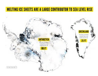 If all the ice sheets
melted here, sea
levels would rise
ANTARCTICA
89 ft
If all the ice sheets
melted here, sea
levels would rise
GREENLAND
25 ft
MELTING ICE SHEETS ARE A LARGE CONTRIBUTOR TO Sea level rise
 