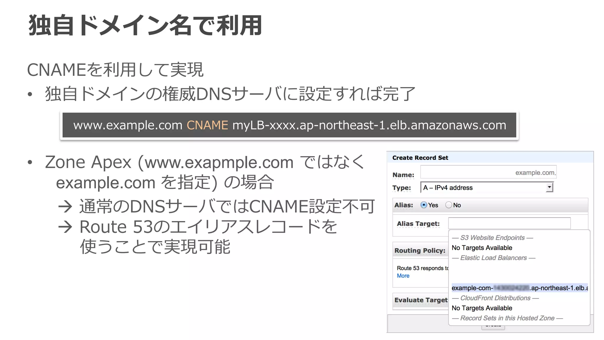 クライアントのIPアドレス取得 
バックエンドサーバへの接続は、 
ソースIPアドレスがELBのIPアドレスとなる 
– クライアント⇔ELB, ELB⇔バックエンドの接続はそれぞれ独⽴立立しているため 
– アクセスログにはELBのIPアドレスが記録される 
à HTTP/HTTPSならHTTPヘッダ上のX-‐‑‒Forwarded-‐‑‒Forで参照可 
利利⽤用例例： -‐‑‒ アクセスログにクライアントのIPアドレスを記録 
-‐‑‒ IPアドレスによるアクセス制限  
送信元経由するルート 
X-‐‑‒Forwarded-‐‑‒For: 203.0.113.7, 10.12.33.44, 10.12.23.88 
Client IP address 
 
 