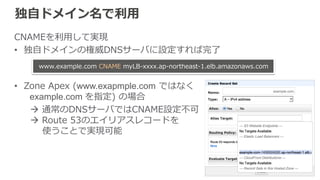 クライアントのIPアドレス取得 
バックエンドサーバへの接続は、 
ソースIPアドレスがELBのIPアドレスとなる 
– クライアント⇔ELB, ELB⇔バックエンドの接続はそれぞれ独⽴立立しているため 
– アクセスログにはELBのIPアドレスが記録される 
à HTTP/HTTPSならHTTPヘッダ上のX-‐‑‒Forwarded-‐‑‒Forで参照可 
利利⽤用例例： -‐‑‒ アクセスログにクライアントのIPアドレスを記録 
-‐‑‒ IPアドレスによるアクセス制限  
送信元経由するルート 
X-‐‑‒Forwarded-‐‑‒For: 203.0.113.7, 10.12.33.44, 10.12.23.88 
Client IP address 
 
 