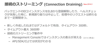 登録解除時のAWS CLIでの表⽰示 
$ aws elb describe-instance-health --load-balancer-name (ELB Name) 
{ 
InstanceStates: [ 
{ 
InstanceId: i-XXXXXXXX, 
ReasonCode: N/A, 
State: InService, 
Description: “N/A” 
} 
] 
} 
State Description 
正常時 InService N/A 
接続のストリーミング 
動作中 
InService Instance deregistration currently in progress. 
全接続終了後 or 
タイムアウト後 
OutOfService Instance is not currently registered with the 
LoadBalancer. 
 