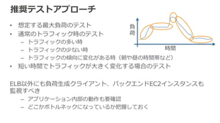 負荷テストの注意事項 
• ELBの初期スケールに注意 
– スケールするまでに、HTTP 503レスポンスを返す期間があり得る 
– 回避策： 
• ELBの暖気運転（ Pre-‐‑‒Warming）申請をする 
• 5分間隔で50%以上のトラフィック増加をしないよう負荷テストを設定 
• DNSクエリの仕⽅方に注意 
– テストクライアント側で少なくとも1分に1回DNSの再解決をする 
• スティッキーセッション利利⽤用時の割り振り⽅方 
– 同じCookieでリクエストを続けた場合などは振り分けに偏りが 
• バックエンドインスタンスのアイドルタイムアウト 
– 60秒以上に設定しないとELBが誤って不不健全なホストと⾒見見なす可能性あり 
 