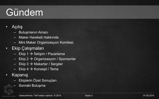 GelecekHane. Telif hakları saklıdır. © 2014. Sayfa 2 07.05.2014GelecekHane. Telif hakları saklıdır. © 2014. Sayfa 2 07.05.2014
Gündem
• Açılış
– Buluşmanın Amacı
– Maker Hareketi Hakkında
– Mini Maker Organizasyon Komitesi
• Ekip Çalışmaları
– Ekip 1  İletişim / Pazarlama
– Ekip 2  Organizasyon / Sponsorlar
– Ekip 3  Makerlar / Sergiler
– Ekip 4  Konsept / Tema
• Kapanış
– Ekiplerin Özet Sonuçları
– Sonraki Buluşma
 