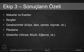 GelecekHane. Telif hakları saklıdır. © 2014. Sayfa 36 07.05.2014GelecekHane. Telif hakları saklıdır. © 2014. Sayfa 36 07.05.2014
Ekip 3 – Sonuçların Özeti
• Makerlar ve Eserleri
• Sergiler
• Gereksinimler (bütçe, alan, zaman, kaynak, vb.)
• Planlama
• Gösteriler (Görsel, Müzik, Eğlence, vb.)
 