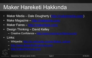 GelecekHane. Telif hakları saklıdır. © 2014. Sayfa 5 07.05.2014GelecekHane. Telif hakları saklıdır. © 2014. Sayfa 5 07.05.2014
Maker Hareketi Hakkında
• Maker Media – Dale Dougherty (http://makermedia.com/)
• Make Magazine – http://makezine.com/
• Maker Faires – http://makerfaire.com/
• Design Thinking – David Kelley
– Creative Confidence – http://www.creativeconfidence.com/
• Links:
– Wikipedia: http://en.wikipedia.org/wiki/Maker_culture
– http://www.designthinkingmovie.com/
– http://makerthemovie.com/
 