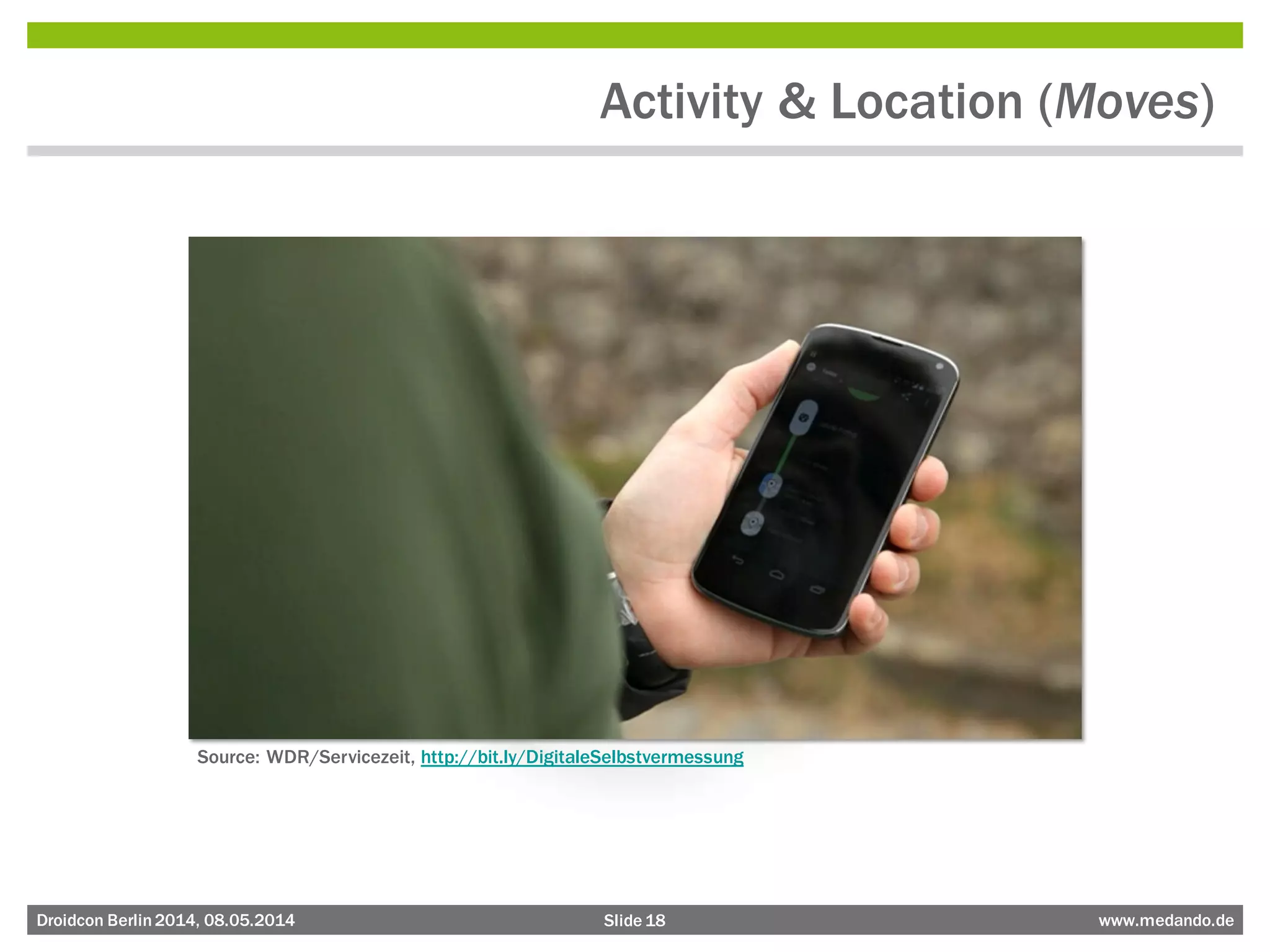 Slide 18 www.medando.deDroidcon Berlin2014, 08.05.2014
Activity & Location (Moves)
Source: WDR/Servicezeit, http://bit.ly/DigitaleSelbstvermessung
 