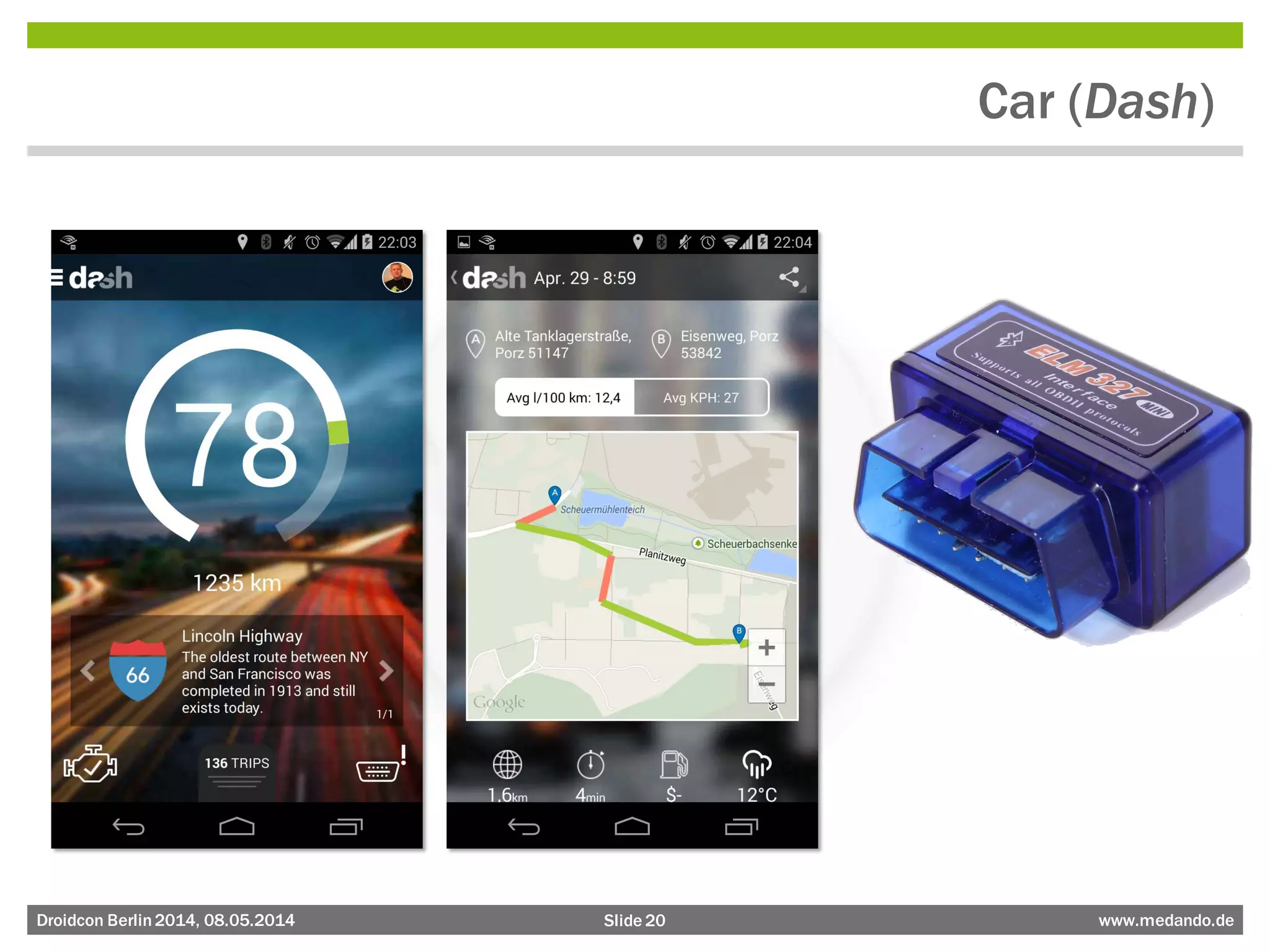 Slide 20 www.medando.deDroidcon Berlin2014, 08.05.2014
Car (Dash)
 