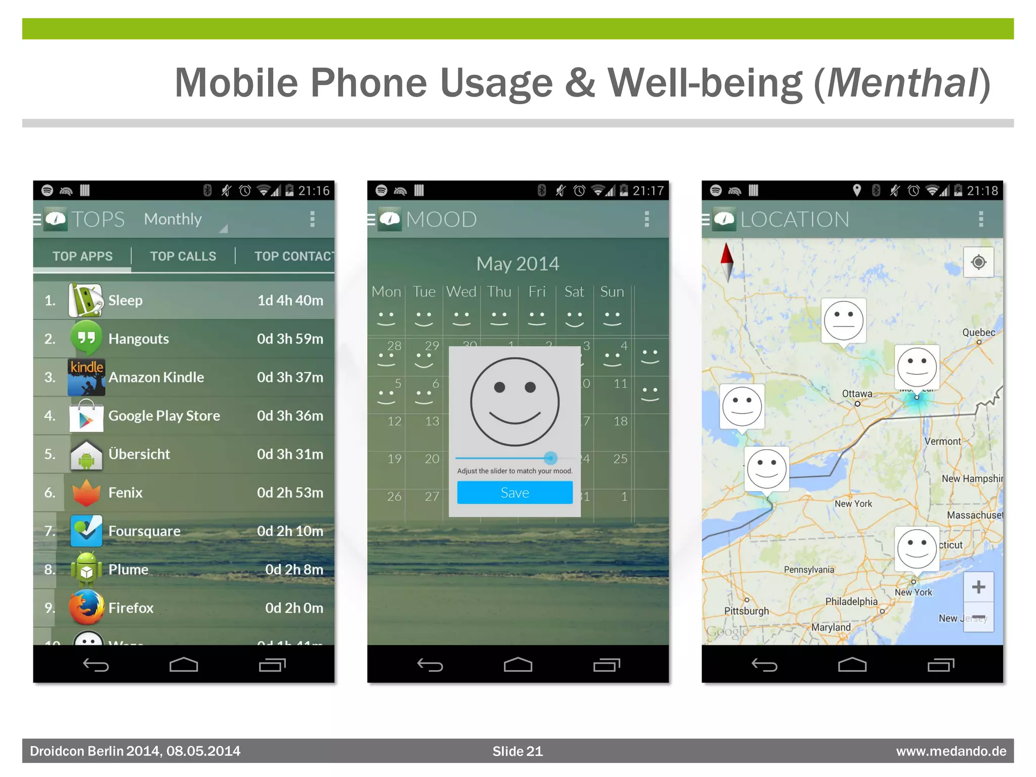 Slide 21 www.medando.deDroidcon Berlin2014, 08.05.2014
Mobile Phone Usage & Well-being (Menthal)
 
