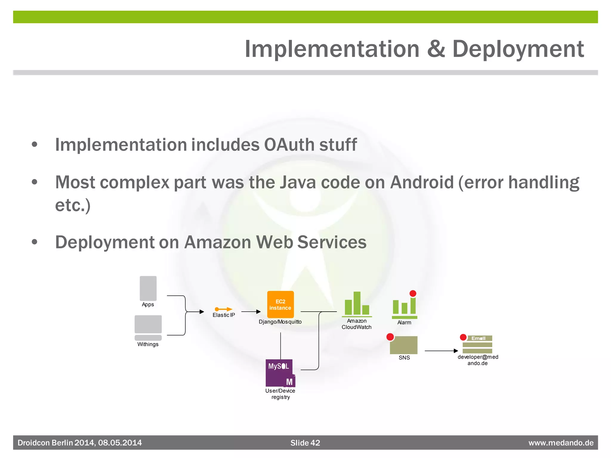 Slide 42 www.medando.deDroidcon Berlin2014, 08.05.2014
Implementation & Deployment
• Implementation includes OAuth stuff
• Most complex part was the Java code on Android (error handling
etc.)
• Deployment on Amazon Web Services
Django/Mosquitto
EC2
instance
User/Device
registry
Apps
Withings
Elastic IP
Amazon
CloudWatch
Alarm
SNS developer@med
ando.de
 