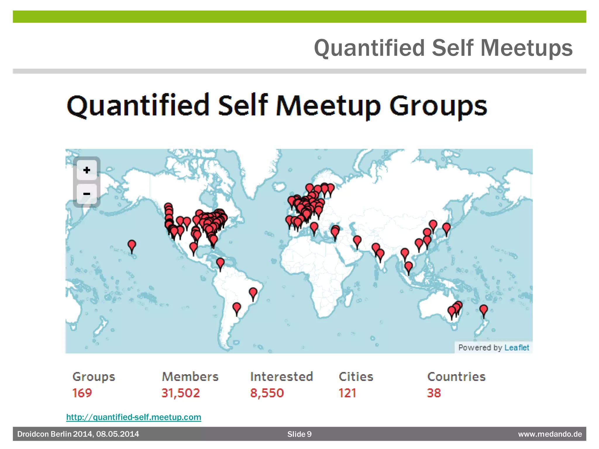 Slide 9 www.medando.deDroidcon Berlin2014, 08.05.2014
Quantified Self Meetups
http://quantified-self.meetup.com
 