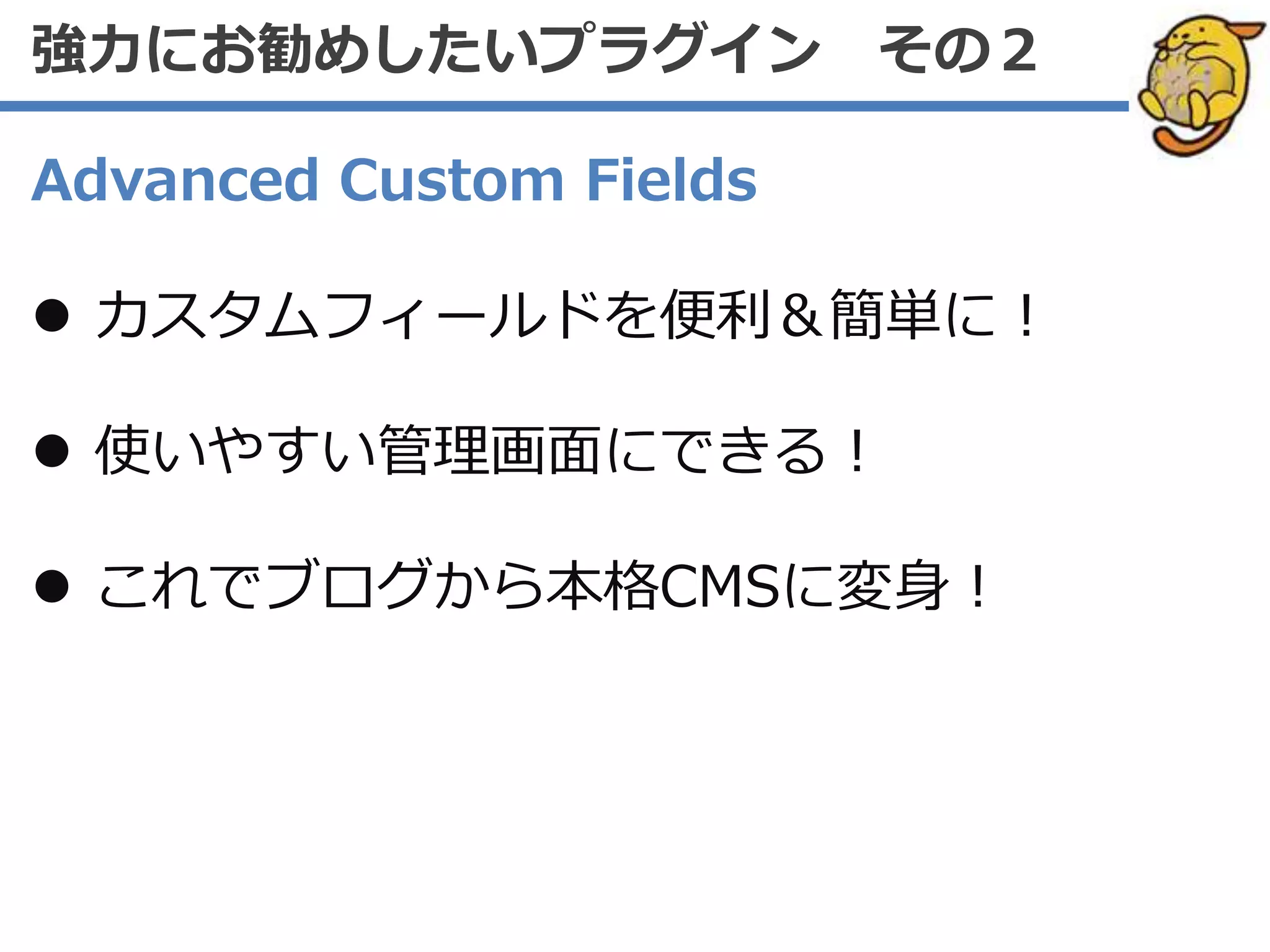 Advanced Custom Fields
 カスタムフィールドを便利＆簡単に！
 使いやすい管理画面にできる！
 これでブログから本格CMSに変身！
強力にお勧めしたいプラグイン その２
 