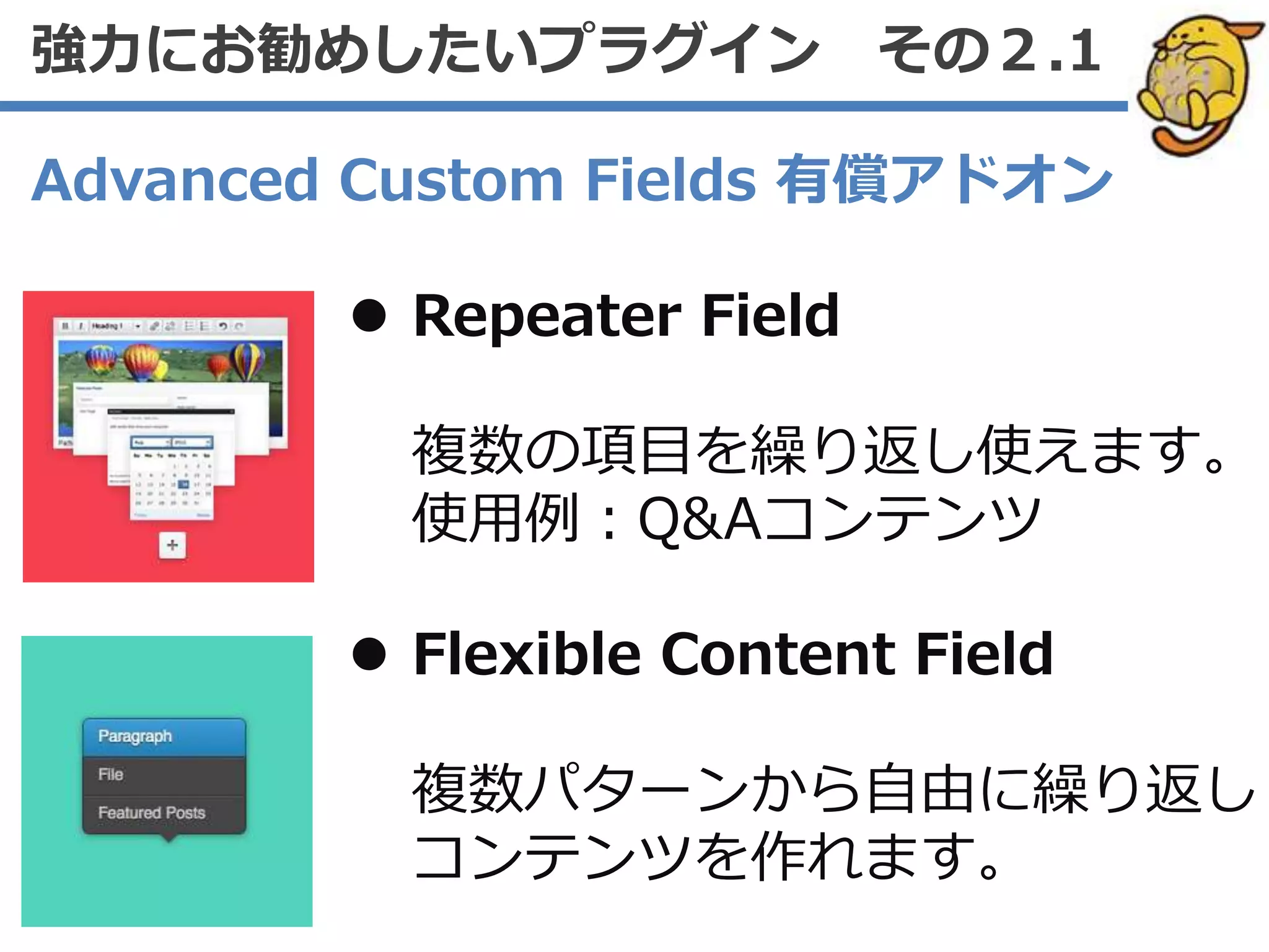 Advanced Custom Fields 有償アドオン
 Repeater Field
複数の項目を繰り返し使えます。
使用例：Q&Aコンテンツ
 Flexible Content Field
複数パターンから自由に繰り返し
コンテンツを作れます。
強力にお勧めしたいプラグイン その２.1
 