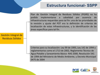 Estructura funcional- SSPP
Gestión Integral de
Residuos Sólidos
Plan de Gestión Integral de Residuos Sólidos (PGIRS) no ha
podido implementarse a cabalidad por ausencia de
infraestructuras requeridas para tal fin: una de las prioridades de
la revisión y ajuste del POT era la definición de criterios de
localización de estas infraestructuras, y la identificación de las
áreas específicas para tal fin.
Criterios para su localización: Ley 99 de 1993, Ley 142 de 1994 y
reglamentarios como el 1713 de 2002, Reglamento Técnico de
Agua Potable y Saneamiento Básico -RAS 2000, Resolución 541
de 1994 del Ministerio de Medio Ambiente, y Decreto Municipal
0475 de 2004
 