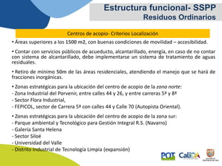 Estructura funcional- SSPP
Residuos Ordinarios
Centros de acopio- Criterios Localización
• Áreas superiores a los 1500 m2, con buenas condiciones de movilidad – accesibilidad.
• Contar con servicios públicos de acueducto, alcantarillado, energía, en caso de no contar
con sistema de alcantarillado, debe implementarse un sistema de tratamiento de aguas
residuales.
• Retiro de mínimo 50m de las áreas residenciales, atendiendo el manejo que se hará de
fracciones inorgánicas.
• Zonas estratégicas para la ubicación del centro de acopio de la zona norte:
- Zona Industrial del Porvenir, entre calles 44 y 26, y entre carreras 5ª y 8ª
- Sector Flora Industrial,
- FEPICOL, sector de Carrera 5ª con calles 44 y Calle 70 (Autopista Oriental).
• Zonas estratégicas para la ubicación del centro de acopio de la zona sur:
- Parque ambiental y Tecnológico para Gestión Integral R.S. (Navarro)
- Galería Santa Helena
- Sector Siloé
- Universidad del Valle
- Distrito Industrial de Tecnología Limpia (expansión)
 