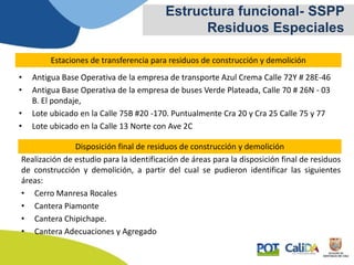 • Antigua Base Operativa de la empresa de transporte Azul Crema Calle 72Y # 28E-46
• Antigua Base Operativa de la empresa de buses Verde Plateada, Calle 70 # 26N - 03
B. El pondaje,
• Lote ubicado en la Calle 75B #20 -170. Puntualmente Cra 20 y Cra 25 Calle 75 y 77
• Lote ubicado en la Calle 13 Norte con Ave 2C
Estructura funcional- SSPP
Residuos Especiales
Estaciones de transferencia para residuos de construcción y demolición
Realización de estudio para la identificación de áreas para la disposición final de residuos
de construcción y demolición, a partir del cual se pudieron identificar las siguientes
áreas:
• Cerro Manresa Rocales
• Cantera Piamonte
• Cantera Chipichape.
• Cantera Adecuaciones y Agregado
Disposición final de residuos de construcción y demolición
 