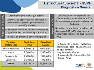 Estructura funcional- SSPP
Diagnóstico General
Crecimiento poblacional que atender Continuidad de la dependencia de
abastecimiento por el Río Cauca: 77%
del aprovisionamiento dependiente del
Río Cauca
Dinámicas de conurbación con municipios
vecinos: Emcali presta algunos servicios a
Jamundí y a Yumbo
Necesidad de ampliar la capacidad del
sistema en 6,30 m3/s, para cubrir las
necesidades hasta el año 2025 (Ingetec
1999)
Aguapotable
Planta de
tratamiento
Suministro
firme
Capacidad
máxima
Puerto Mallarino 6,60 m3/s 6,60 m3/s
Cauca 2,50 m3/s 2,50 m3/s
San Antonio 0,79 m3/s 1,80 m3/s
La Reforma 0,08 m3/s 1,00 m3/s
TOTAL 9,97 m3/s 11,90 m3/s
Falencias en confiabilidad abastecimiento de
agua potable / calidad del agua R. Cauca
Falencias en el manejo del drenaje pluvial
Aspectosgenerales
Existencia de estudios evaluando
alternativas para abastecimiento
de agua potable:
-Regulación del Río Cali
- Trasvase del Río Grande al Río Cali
- Timba - Pance
 
