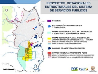 ZONAS FACTIBLES PARA LA IMPLEMENTACIÓN DE EQUIPAMIENTOS
PTAR SUR
RECUPERACIÓN LAGUNAS PONDAJE
Y CHARCO AZUL
OBRAS DE DRENAJE PLUVIAL EN LA COMUNA 22
Y SUELO RURAL SUBURBANO DE PANCE
OBRAS DE DRENAJE PLUVIAL Y RESIDUAL EN
ZONA DE EXPANSION CORREDOR CALI - JAMUNDÍ
CANALES PROYECTADOS ZONA DE EXPANSIÓN
LAGUNAS DE AMORTIGUACIÓN PLUVIAL
INFRAESTRUCTURAS PRIORIZADAS PGIRS
DRENAJE SANITARIO PROPUESTO ZONA DE EXPANSIÓN
ZONAS POTENCIALES PARA LA LOCALIZACIÓN DE ESCOMBRERAS
PROYECTOS DOTACIONALES
ESTRUCTURALES DEL SISTEMA
DE SERVICIOS PÚBLICOS
 