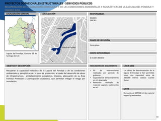 PROYECTOS DOTACIONALES ESTRUCTURALES - SERVICIOS PÚBLICOS
RECUPERACIÓN DE LA CAPACIDAD HIDRÁULICA Y DE LAS CONDICIONES AMBIENTALES Y PAISAJÍSTICAS DE LA LAGUNA DEL PONDAJE Y
CHARCO AZUL
LOCALIZACIÓN RESPONSABLESLOCALIZACIÓN GENERAL
PLAZO DE EJECUCIÓN
COSTO APROXIMADO
DAGMA
EMCALI
Corto plazo
$ 43.067.808.630
Laguna del Pondaje, Comuna 13 de
Santiago de Cali
INDICADORES DE SEGUIMIENTOOBJETIVO Y DESCRIPCIÓN
Recuperar la capacidad hidráulica de la Laguna del Pondaje y de las condiciones
ambientales y paisajísticas de la zona de protección, a través del desarrollo de obras
de infraestructura, embellecimiento paisajístico, limpieza, adecuación de su Área
Forestal Protectora y participación ciudadana, que permitan mitigar el riesgo por
inundación.
LÍNEA BASE
META
• Nº de intervenciones
realizadas por periodo de
gobierno
• Capacidad de almacenamiento
en m3 alcanzada
• Remoción realizada de
material vegetal y sedimentos
en m3
Las obras de descolmatación de la
laguna El Pondaje le han permitido
tener una capacidad extra de
200.000 metros cúbicos cuando
llueve.
Remoción de 507.500 m3 de material
vegetal y sedimentos.
 