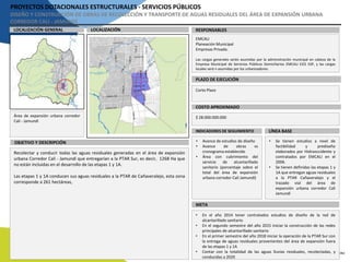 PROYECTOS DOTACIONALES ESTRUCTURALES - SERVICIOS PÚBLICOS
DISEÑO Y CONSTRUCCIÓN DE OBRAS DE RECOLECCIÓN Y TRANSPORTE DE AGUAS RESIDUALES DEL ÁREA DE EXPANSIÓN URBANA
CORREDOR CALI - JAMUNDÍ
LOCALIZACIÓN RESPONSABLESLOCALIZACIÓN GENERAL
PLAZO DE EJECUCIÓN
COSTO APROXIMADO
EMCALI
Planeación Municipal
Empresas Privada.
Las cargas generales serán asumidas por la administración municipal en cabeza de la
Empresa Municipal de Servicios Públicos Domiciliarios EMCALI EICE ESP, y las cargas
locales será n asumidas por los urbanizadores.
Corto Plazo
$ 28.000.000.000Área de expansión urbana corredor
Cali - Jamundí
INDICADORES DE SEGUIMIENTO
OBJETIVO Y DESCRIPCIÓN
Recolectar y conducir todas las aguas residuales generadas en el área de expansión
urbana Corredor Cali - Jamundí que entregarían a la PTAR Sur, es decir, 1268 Ha que
no están incluidas en el desarrollo de las etapas 1 y 1A.
Las etapas 1 y 1A conducen sus aguas residuales a la PTAR de Cañaveralejo, esta zona
corresponde a 261 hectáreas,
LÍNEA BASE
META
• Avance de estudios de diseño
• Avance de obras vs
cronograma establecido
• Área con cubrimiento del
servicio de alcantarillado
sanitario (porcentaje sobre el
total del área de expansión
urbana corredor Cali Jamundí)
• Se tienen estudios a nivel de
factibilidad y prediseño
elaborados por Hidrooccidente y
contratados por EMCALI en el
2006.
• Se tienen definidas las etapas 1 y
1A que entregan aguas residuales
a la PTAR Cañaveralejo y el
trazado vial del área de
expansión urbana corredor Cali
Jamundí
• En el año 2014 tener contratados estudios de diseño de la red de
alcantarillado sanitario
• En el segundo semestre del año 2015 iniciar la construcción de las redes
principales de alcantarillado sanitario
• En el primer semestre del año 2018 iniciar la operación de la PTAR Sur con
la entrega de aguas residuales provenientes del área de expansión fuera
de las etapas 1 y 1A
• Contar con la totalidad de las aguas lluvias residuales, recolectadas, y
conducidas a 2020
 
