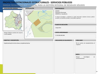 PROYECTOS DOTACIONALES ESTRUCTURALES - SERVICIOS PÚBLICOS
PARQUE TECNOLÓGICO Y AMBIENTAL PARA LA GESTIÓN INTEGRAL DE RESIDUOS SÓLIDOS
LOCALIZACIÓN RESPONSABLESLOCALIZACIÓN GENERAL
PLAZO DE EJECUCIÓN
COSTO APROXIMADO
DAGMA
Planeación Municipal
EMSIRVA en liquidación.
El Parque tecnológico y ambiental se podrá desarrollar mediante alianzas público-
privadas con empresas privadas y comunidad en general.
Largo plazo
$ 150.000.000.000
Antiguo Relleno sanitario de navarro
o zona aledaña
INDICADORES DE SEGUIMIENTOOBJETIVO Y DESCRIPCIÓN
Implementación de las áreas complementarias
LÍNEA BASE
META
No se cuenta con equipamientos al
respecto
Parque tecnológico en
funcionamiento)
 