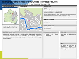 PROYECTOS DOTACIONALES ESTRUCTURALES - SERVICIOS PÚBLICOS
CENTRO DE ACOPIO DE RESIDUOS SÓLIDOS INORGÁNICOS
LOCALIZACIÓN RESPONSABLESLOCALIZACIÓN GENERAL
PLAZO DE EJECUCIÓN
COSTO APROXIMADO
DAGMA
Planeación Municipal
EMSIRVA en liquidación o la que la sustituya,
GIRASOL en liquidación o la que la sustituya.
El centro de acopio de residuos sólidos inorgánicos se podrá desarrollar mediante
alianzas público-privadas con empresas privadas y comunidad en general.
Mediano plazo
$ 1.000.000.000
Antigua Base Operativa de EMSIRVA
CENTRO. Balastrera Portada al Mar.
INDICADORES DE SEGUIMIENTOOBJETIVO Y DESCRIPCIÓN
Implementar centro de acopio, en el cual se realizara las actividades de recepción,
separación manual, clasificación, proceso de beneficio, almacenamiento, embalaje y/o
aprovechamiento de los residuos recuperados para su posterior aprovechamiento y/o
comercialización.
LÍNEA BASE
META
• Volumen de residuos
aprovechados
No se cuenta con equipamientos al
respecto
Dos centros de acopio, para la
clasificación, acopio y
aprovechamiento de los residuos
sólidos inorgánicos
 
