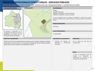 PROYECTOS DOTACIONALES ESTRUCTURALES - SERVICIOS PÚBLICOS
SITIO DE DISPOSICIÓN FINAL DE RESIDUOS DE DEMOLICIÓN Y CONSTRUCCIÓN
LOCALIZACIÓN RESPONSABLESLOCALIZACIÓN GENERAL
PLAZO DE EJECUCIÓN
COSTO APROXIMADO
DAGMA
Planeación Municipal
EMSIRVA en liquidación o la que la sustituya
GIRASOL en liquidación o la que la sustituya
El sitio de disposición final de residuos de demolición y construcción se podrá
desarrollar mediante alianzas público-privadas con empresas privadas y comunidad en
general.
Corto plazo
$ 1.500.000.000
Se plantea su desarrollo en el
corregimiento de Navarro en el área
identificada en el Mapa No. 31
"Subsistema de Residuos Sólidos"
INDICADORES DE SEGUIMIENTOOBJETIVO Y DESCRIPCIÓN
Puesta en marcha de los equipamientos necesarios para la gestión integral de residuos
de demolición y construcción en el municipio de Santiago de Cali de transporte público
masivo que articule la ciudad con los Municipios Vecinos.
LÍNEA BASE
META
• Volumen de residuos de
demolición y construcción
dispuestos
No se cuenta con este tipo de
infraestructura
1 Sitio de disposición final de
residuos de demolición y
construcción en marcha en el
municipio de Santiago de Cali
 