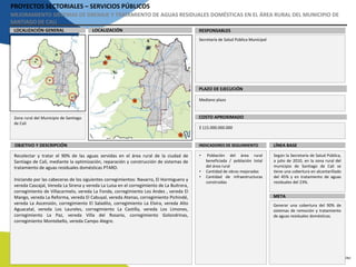 PROYECTOS SECTORIALES – SERVICIOS PÚBLICOS
MEJORAMIENTO SISTEMAS DE DRENAJE Y TRATAMIENTO DE AGUAS RESIDUALES DOMÉSTICAS EN EL ÁREA RURAL DEL MUNICIPIO DE
SANTIAGO DE CALI
LOCALIZACIÓN RESPONSABLESLOCALIZACIÓN GENERAL
PLAZO DE EJECUCIÓN
COSTO APROXIMADO
Secretaría de Salud Pública Municipal
Mediano plazo
$ 115.000.000.000
Zona rural del Municipio de Santiago
de Cali
INDICADORES DE SEGUIMIENTOOBJETIVO Y DESCRIPCIÓN
Recolectar y tratar el 90% de las aguas servidas en el área rural de la ciudad de
Santiago de Cali, mediante la optimización, reparación y construcción de sistemas de
tratamiento de aguas residuales domésticas PTARD.
Iniciando por las cabeceras de los siguientes corregimientos: Navarro, El Hormiguero y
vereda Cascajal, Vereda La Sirena y vereda La Luisa en el corregimiento de La Buitrera,
corregimiento de Villacarmelo, vereda La Fonda, corregimiento Los Andes , vereda El
Mango, vereda La Reforma, vereda El Cabuyal, vereda Atenas, corregimiento Pichindé,
vereda La Ascensión, corregimiento El Saladito, corregimiento La Elvira, vereda Alto
Aguacatal, vereda Los Laureles, corregimiento La Castilla, vereda Los Limones,
corregimiento La Paz, vereda Villa del Rosario, corregimiento Golondrinas,
corregimiento Montebello, vereda Campo Alegre.
LÍNEA BASE
META
• Población del área rural
beneficiada / población total
del área rural
• Cantidad de obras mejoradas
• Cantidad de infraestructuras
construidas
Según la Secretaría de Salud Pública,
a julio de 2010, en la zona rural del
municipio de Santiago de Cali se
tiene una cobertura en alcantarillado
del 45% y en tratamiento de aguas
residuales del 23%.
Generar una cobertura del 90% de
sistemas de remoción y tratamiento
de aguas residuales domésticas.
 