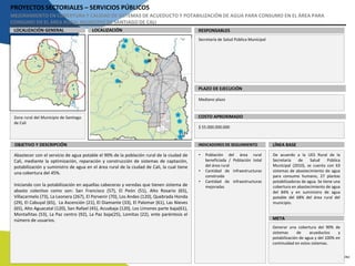 PROYECTOS SECTORIALES – SERVICIOS PÚBLICOS
MEJORAMIENTO EN COBERTURA Y CALIDAD DE SISTEMAS DE ACUEDUCTO Y POTABILIZACIÓN DE AGUA PARA CONSUMO EN EL ÁREA PARA
CONSUMO EN EL ÁREA RURAL MUNICIPIO DE SANTIAGO DE CALI
LOCALIZACIÓN RESPONSABLESLOCALIZACIÓN GENERAL
PLAZO DE EJECUCIÓN
COSTO APROXIMADO
Secretaría de Salud Pública Municipal
Mediano plazo
$ 55.000.000.000
Zona rural del Municipio de Santiago
de Cali
INDICADORES DE SEGUIMIENTOOBJETIVO Y DESCRIPCIÓN
Abastecer con el servicio de agua potable el 90% de la población rural de la ciudad de
Cali, mediante la optimización, reparación y construcción de sistemas de captación,
potabilización y suministro de agua en el área rural de la ciudad de Cali, la cual tiene
una cobertura del 45%.
Iniciando con la potabilización en aquellas cabeceras y veredas que tienen sistema de
abasto colectivo como son: San Francisco (57), El Peón (51), Alto Rosario (65),
Villacarmelo (73), La Leonera (267), El Porvenir (70), Los Andes (120), Quebrada Honda
(29), El Cabuyal (65), La Ascención (21), El Diamante (33), El Palomar (61), Las Nieves
(65), Alto Aguacatal (120), San Rafael (45), Acuabaja (120), Los Limones parte baja(61),
Montañitas (53), La Paz centro (92), La Paz baja(25), Lomitas (22), ente paréntesis el
número de usuarios.
LÍNEA BASE
META
• Población del área rural
beneficiada / Población total
del área rural
• Cantidad de infraestructuras
construida
• Cantidad de infraestructuras
mejoradas
De acuerdo a la UES Rural de la
Secretaría de Salud Pública
Municipal (2010), se cuenta con 63
sistemas de abastecimiento de agua
para consumo humano, 27 plantas
potabilizadoras de agua. Se tiene una
cobertura en abastecimiento de agua
del 84% y en suministro de agua
potable del 68% del área rural del
municipio.
Generar una cobertura del 90% de
sistemas de acueductos y
potabilización de agua y del 100% en
continuidad en estos sistemas.
 
