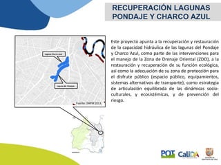 Este proyecto apunta a la recuperación y restauración
de la capacidad hidráulica de las lagunas del Pondaje
y Charco Azul, como parte de las intervenciones para
el manejo de la Zona de Drenaje Oriental (ZDO), a la
restauración y recuperación de su función ecológica,
así como la adecuación de su zona de protección para
el disfrute público (espacio público, equipamientos,
sistemas alternativos de transporte), como estrategia
de articulación equilibrada de las dinámicas socio-
culturales, y ecosistémicas, y de prevención del
riesgo.
RECUPERACIÓN LAGUNAS
PONDAJE Y CHARCO AZUL
Fuente: DAPM 2013
Laguna Charco Azul
Laguna del Pondaje
 