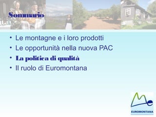 Sommario
• Le montagne e i loro prodotti
• Le opportunità nella nuova PAC
• La politica di qualità
• Il ruolo di Euromontana
 