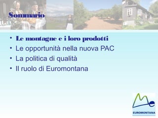 Sommario
• Le montagne e i loro prodotti
• Le opportunità nella nuova PAC
• La politica di qualità
• Il ruolo di Euromontana
 
